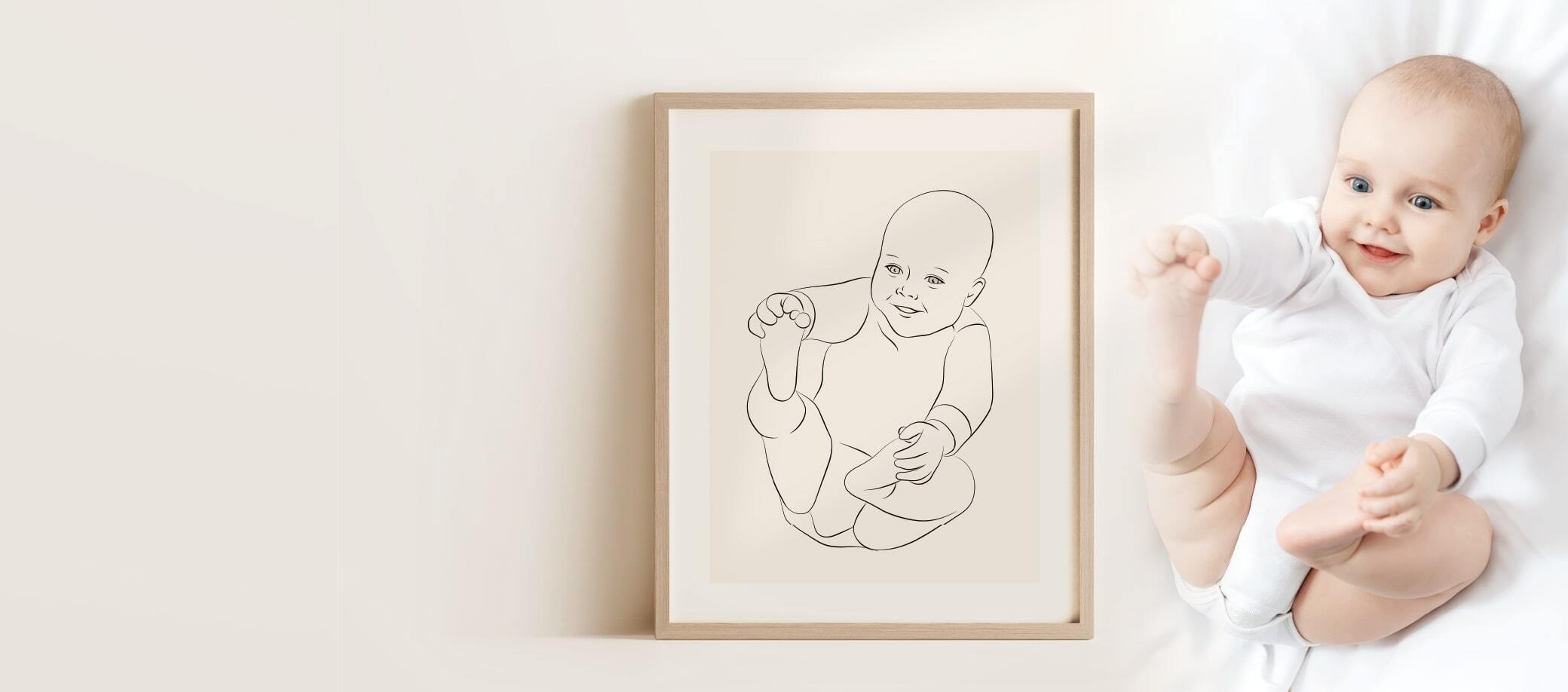 En Miroar Line Art-bild av en leende bebis som födelsegåva i en ekram