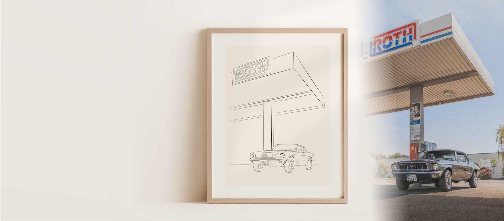 Line Art-teckning av en gammal Ford Mustang på en bensinstation bredvid det ursprungliga fotot.