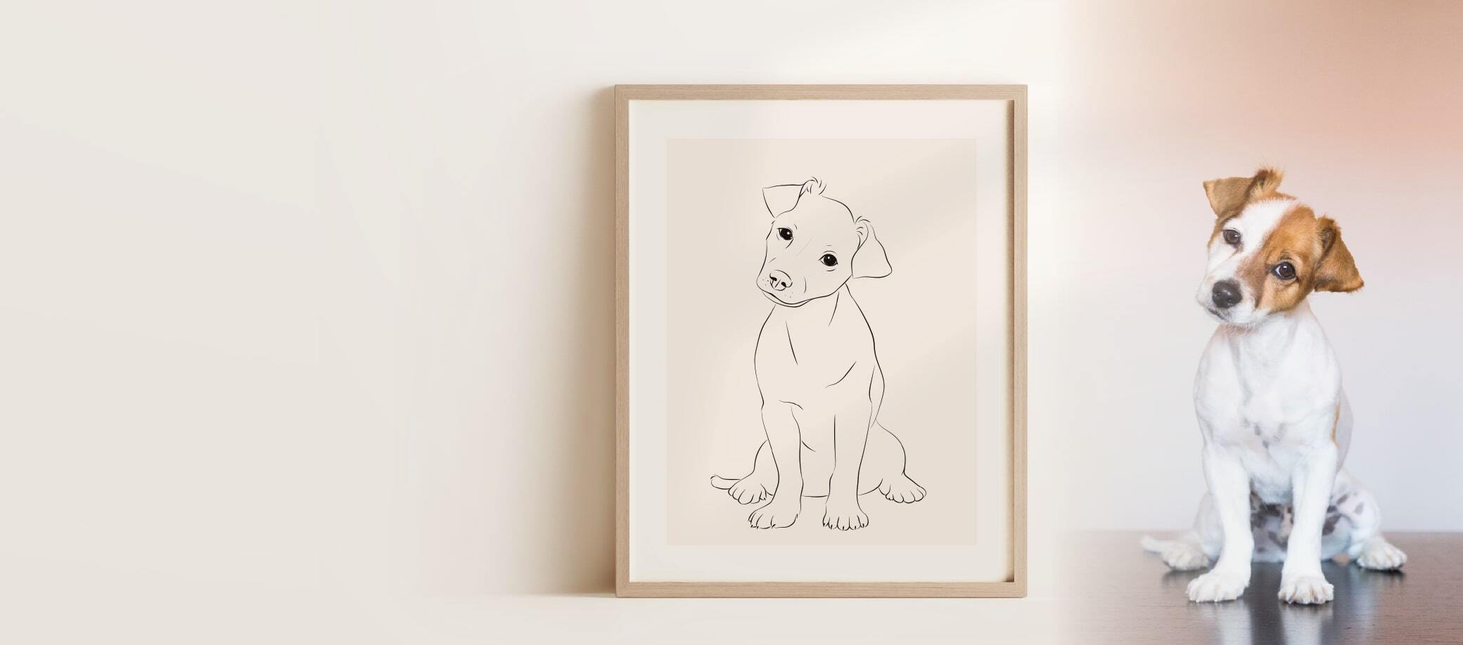 En Miroar Line Art-bild av en ung Jack Russell i en ekram bredvid teckningen
