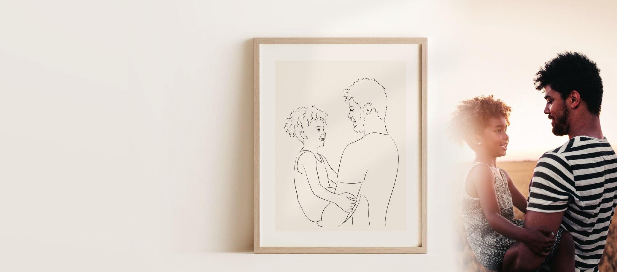 Porträtt i Line Art-stil av far och dotter