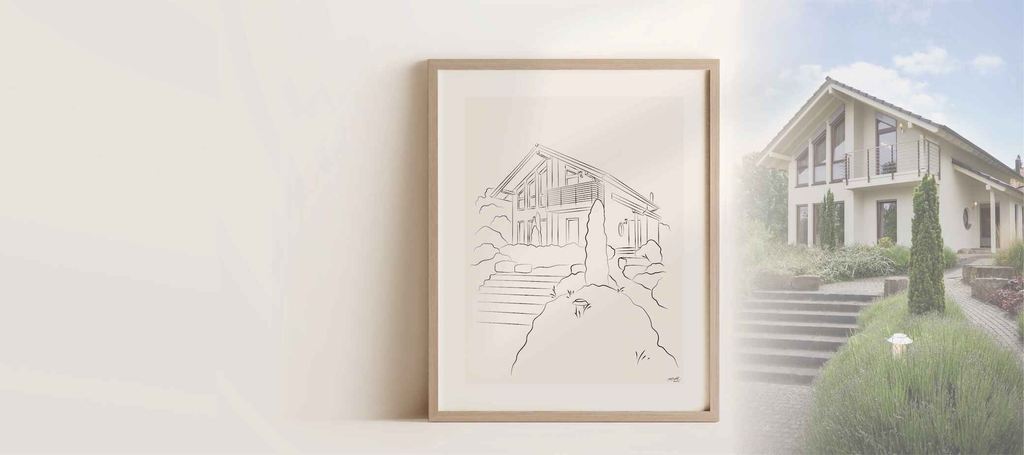 Ett modernt enfamiljshus, ritat i Line Art-stil