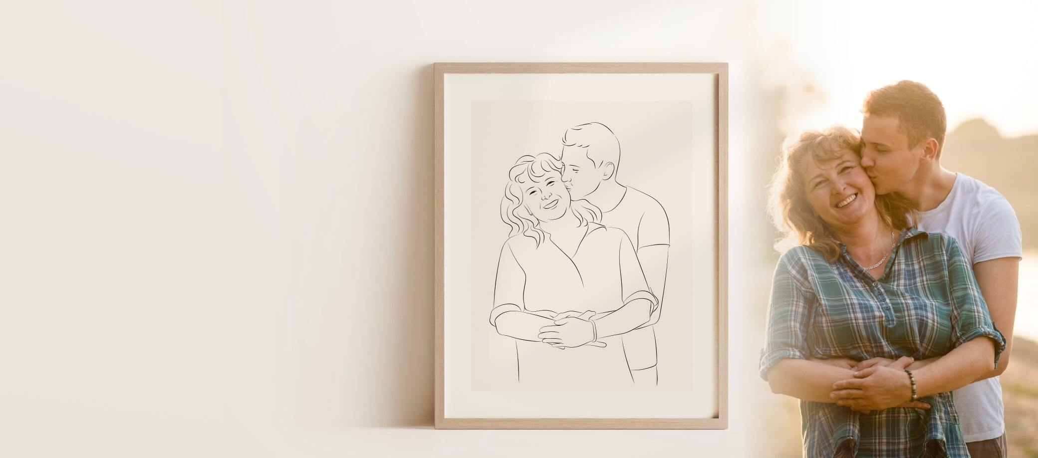 Line Art-teckning av en leende mor med sin son