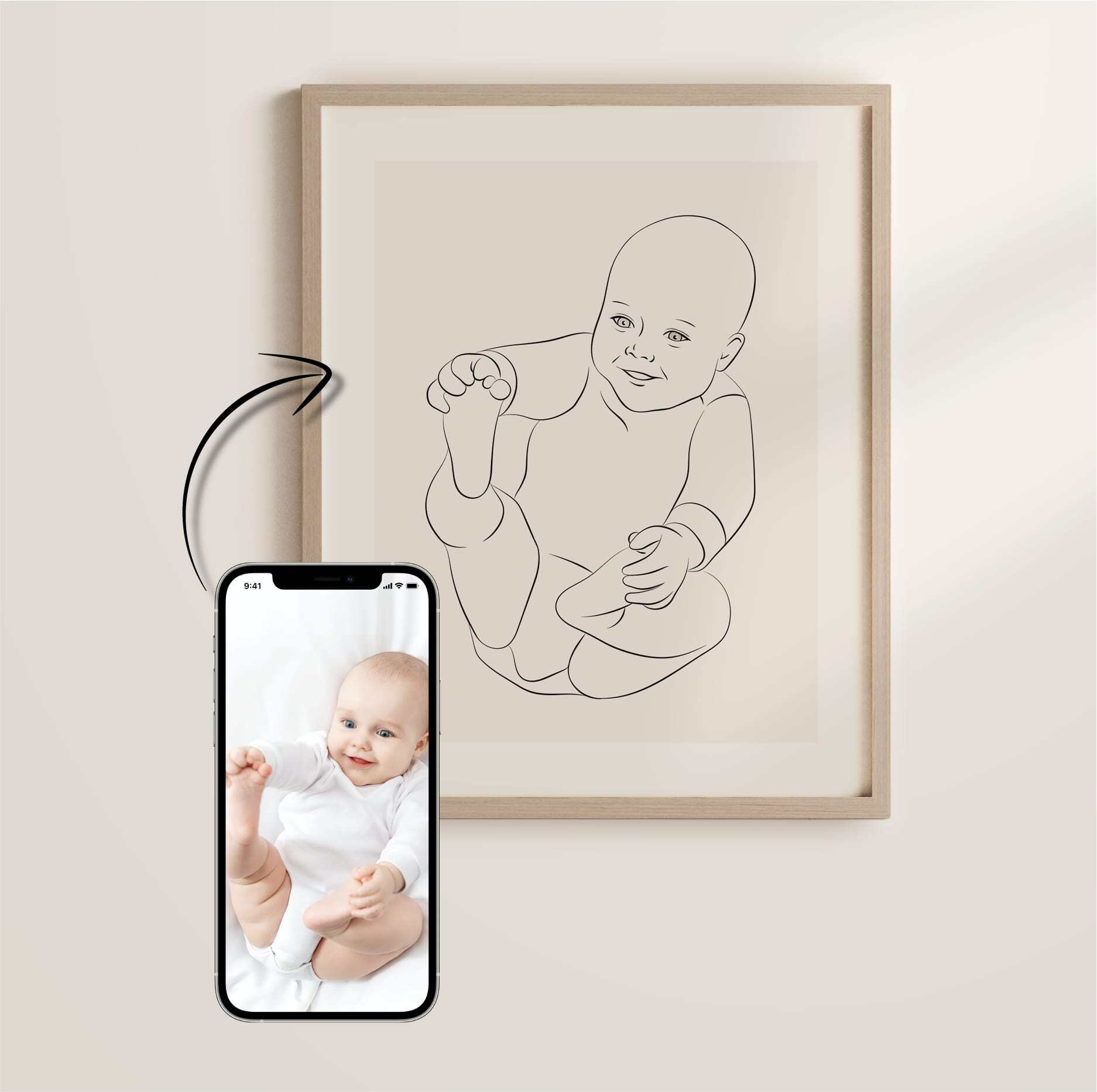 En Line Art-teckning av en leende bebis