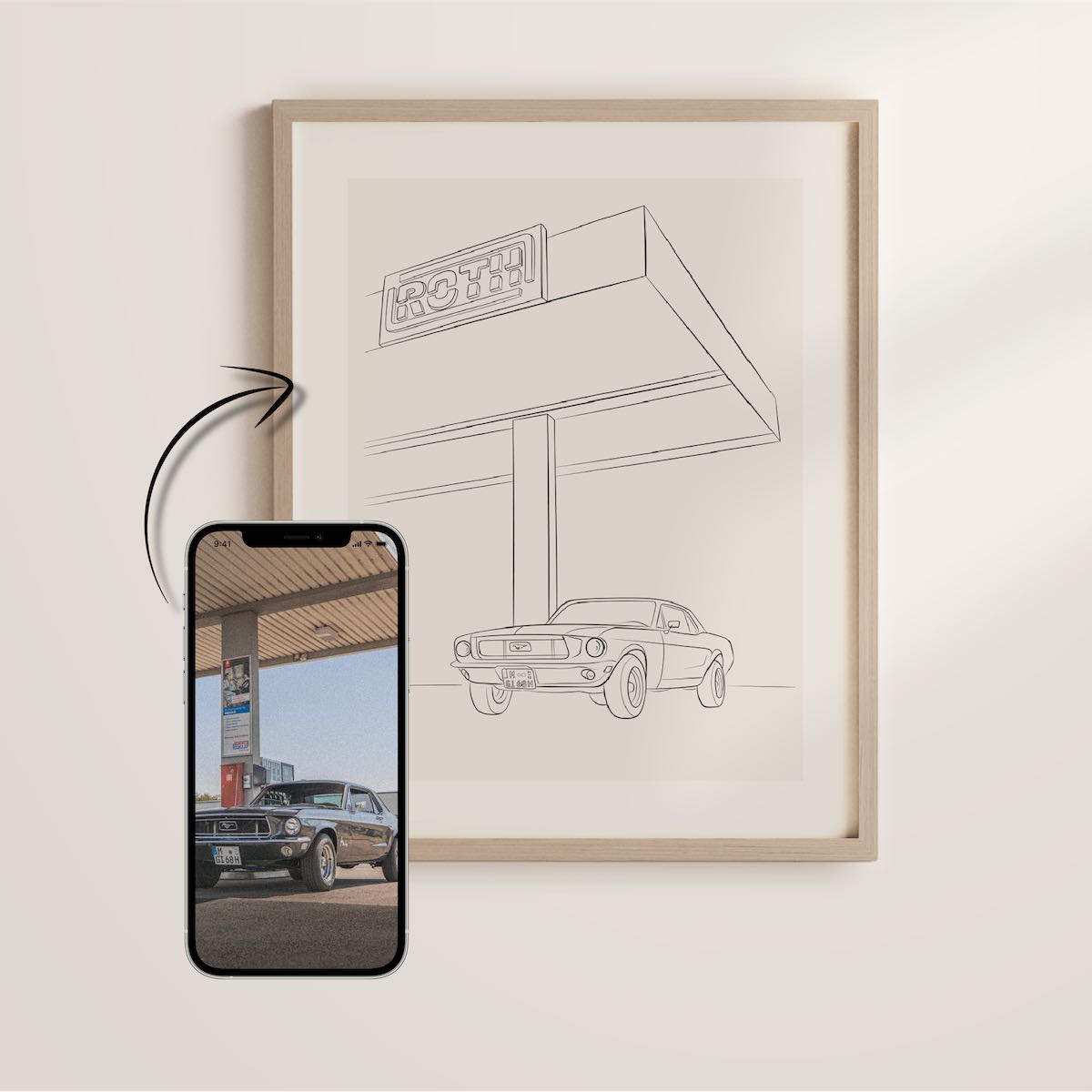 Present för bilälskare: Line Art-teckning av en gammal Ford Mustang