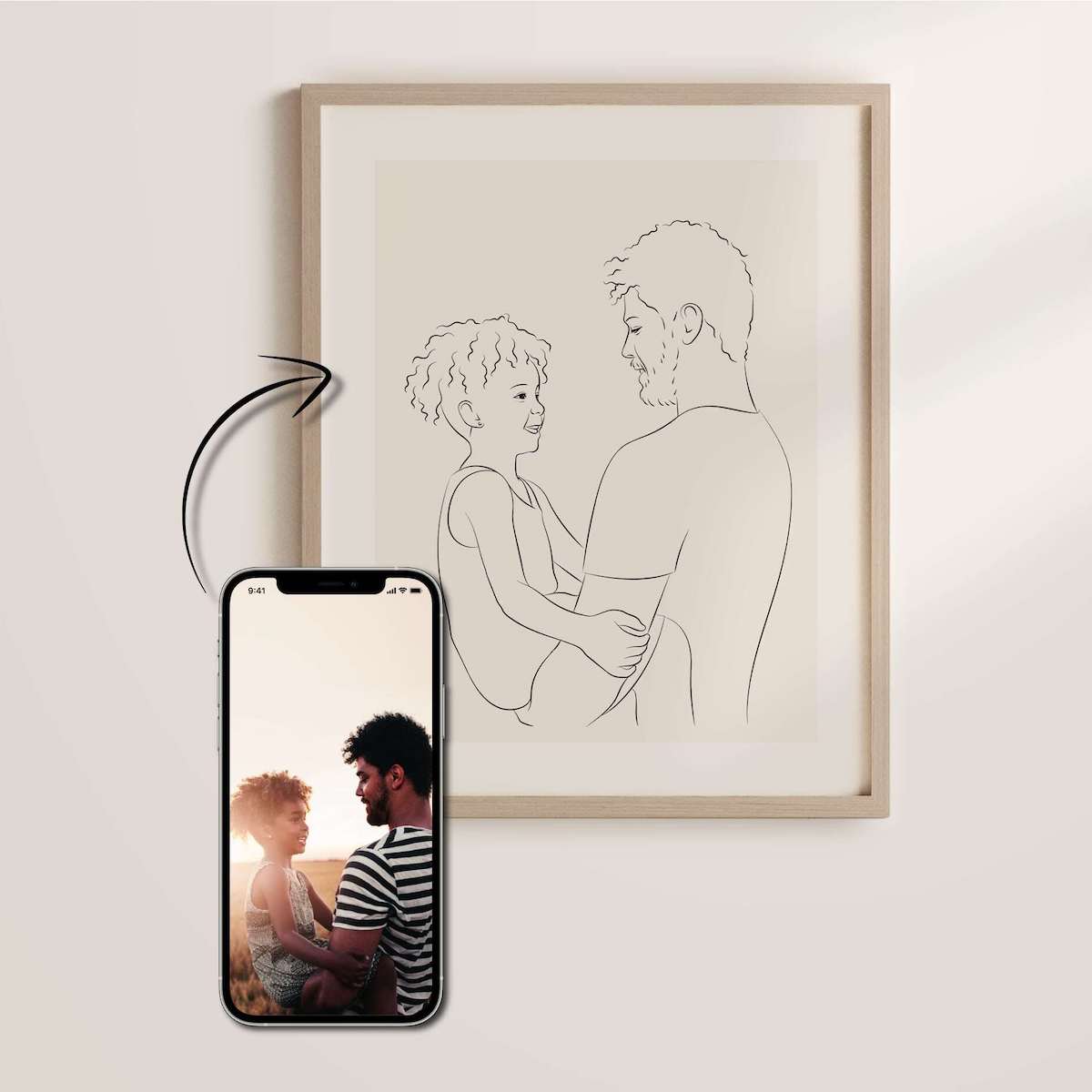 Far och dotter tecknade i Line Art-stil