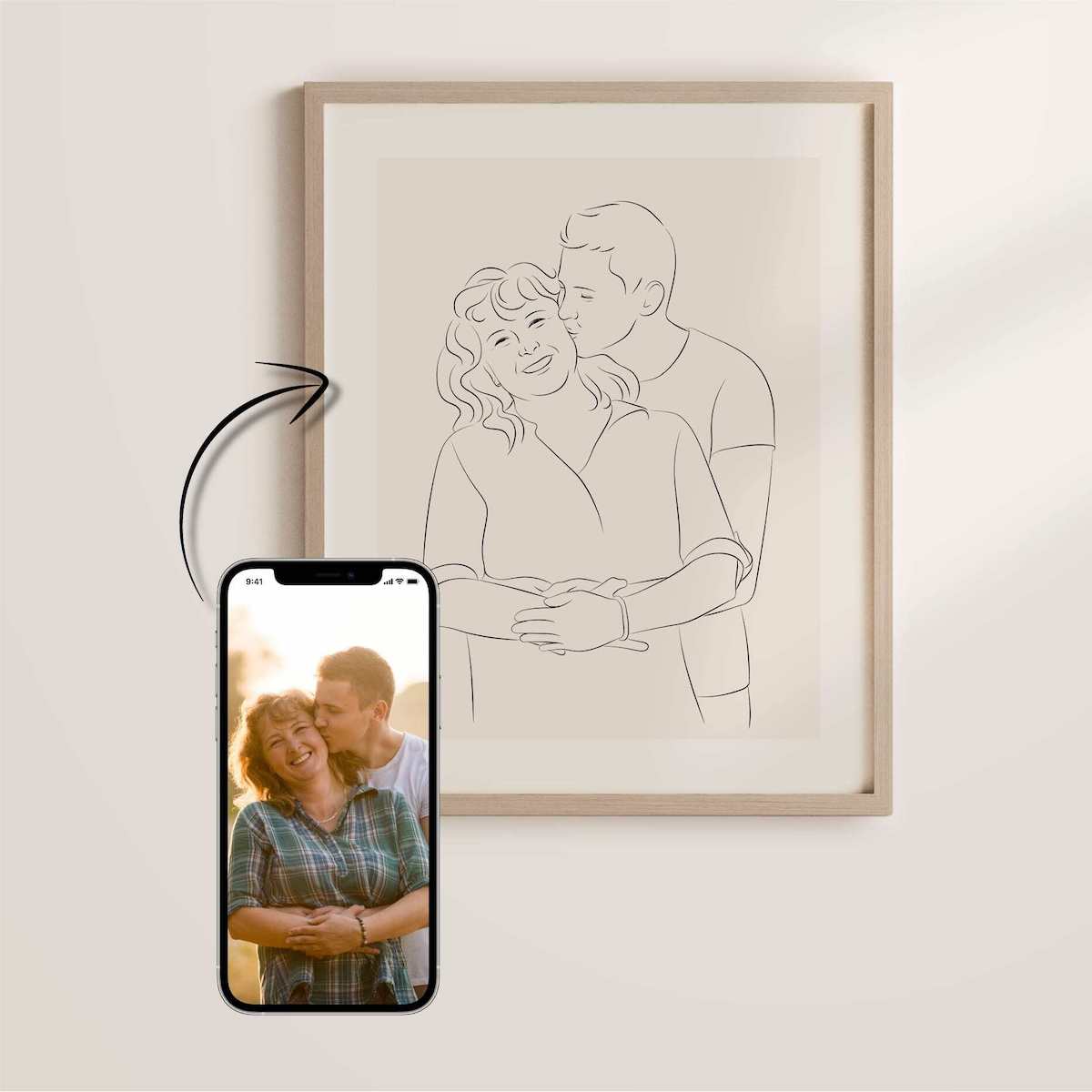 Mor och son tecknade i Line Art-stil som Mors dag-present