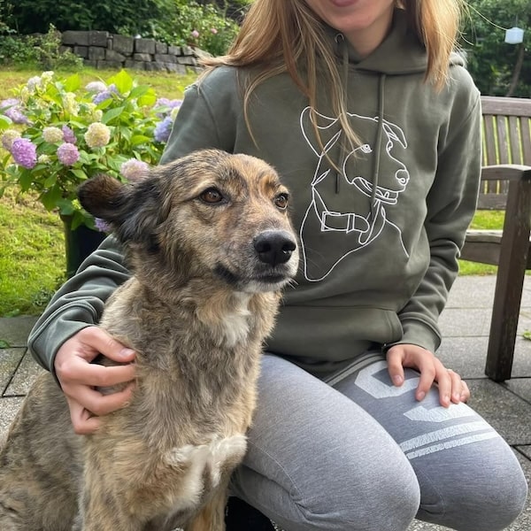 Broderad khakifärgad hoodie med en riktig hund bredvid hoodien, inlägg av @miroar_de