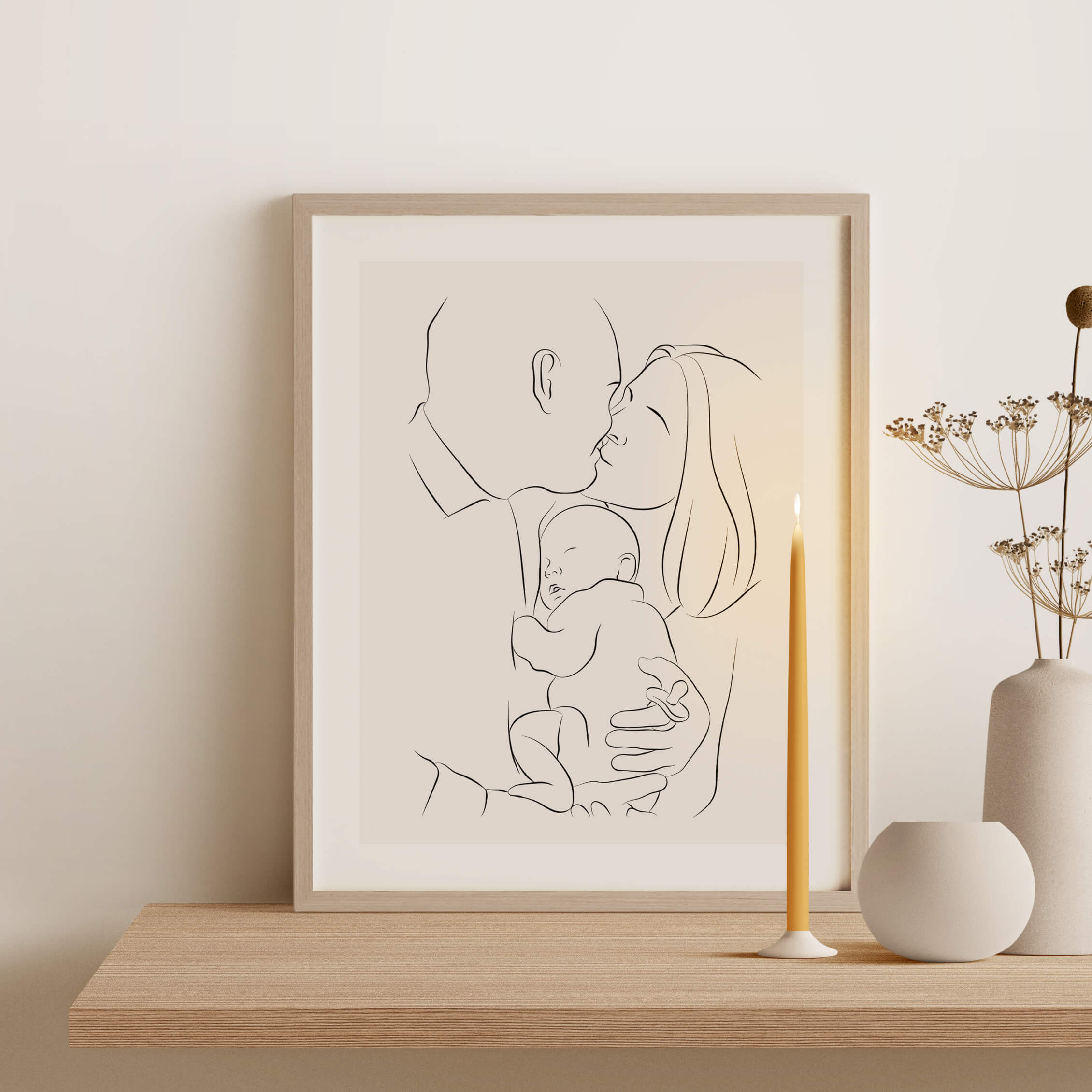 En illustration i Line Art av ett par som håller en sovande bebis
