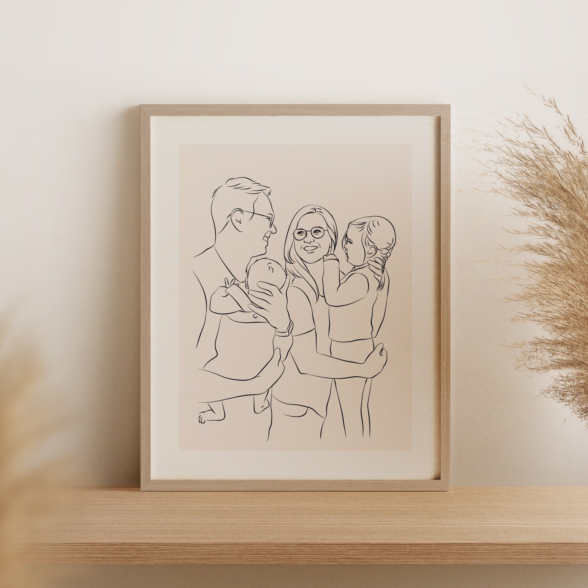 Ung familj med två barn ritade i Line Art-stil