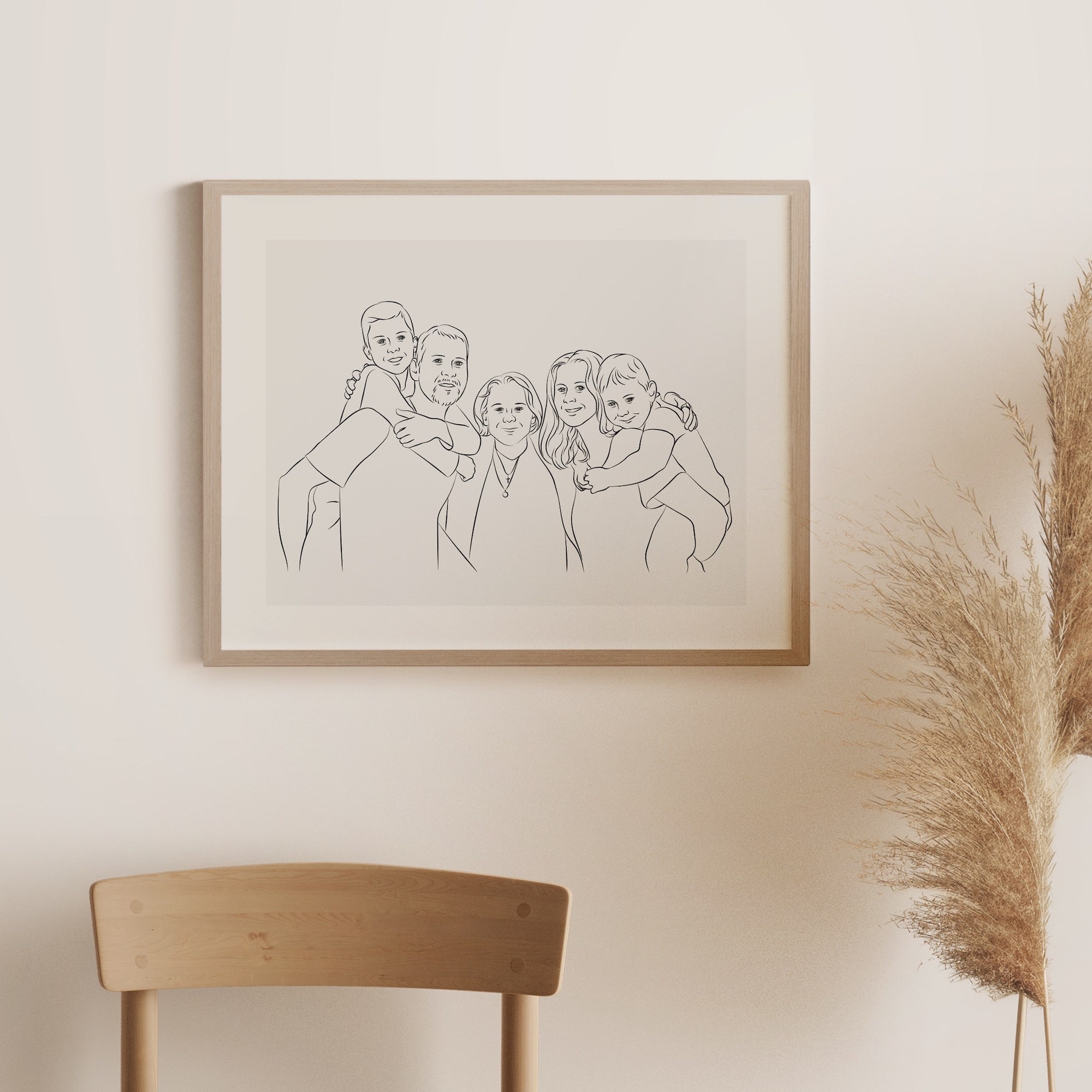 Familjefoto ritat i Line Art-stil med mormor i mitten av bilden