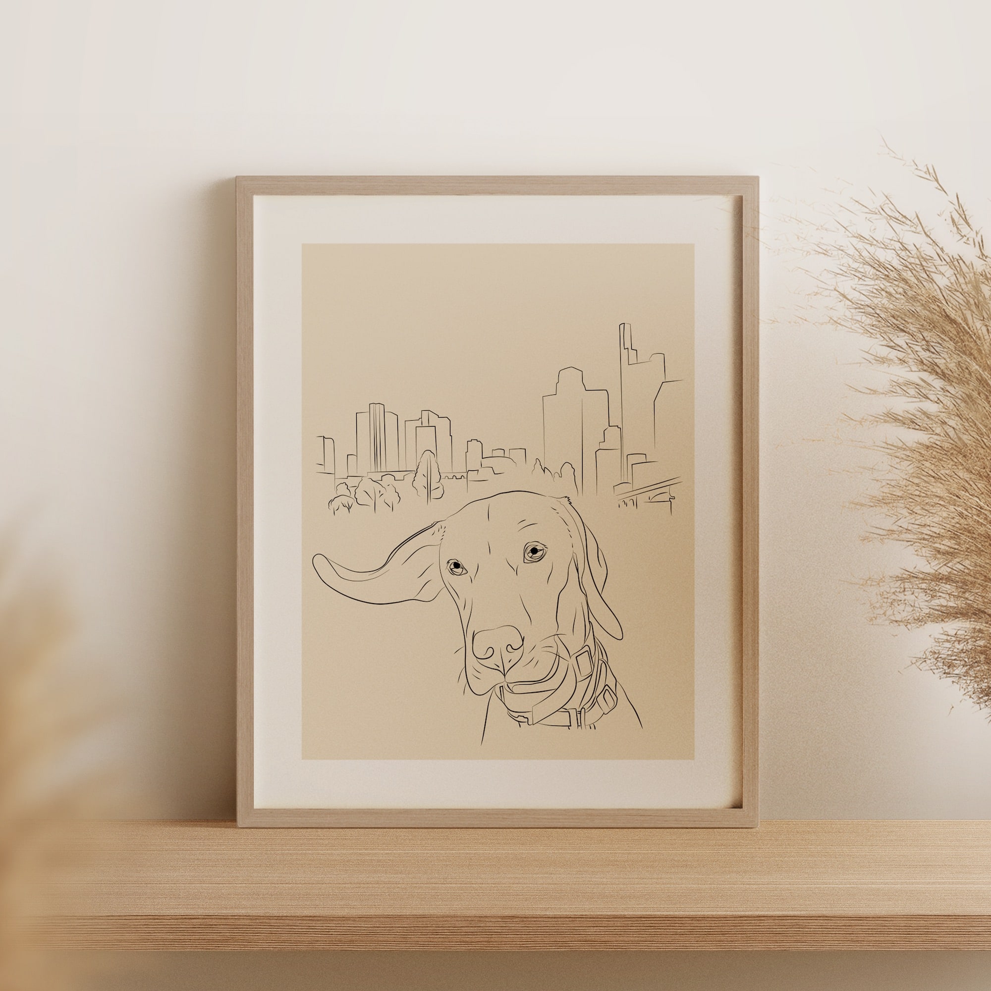 En Line Art-teckning av en hund och Frankfurts skyline