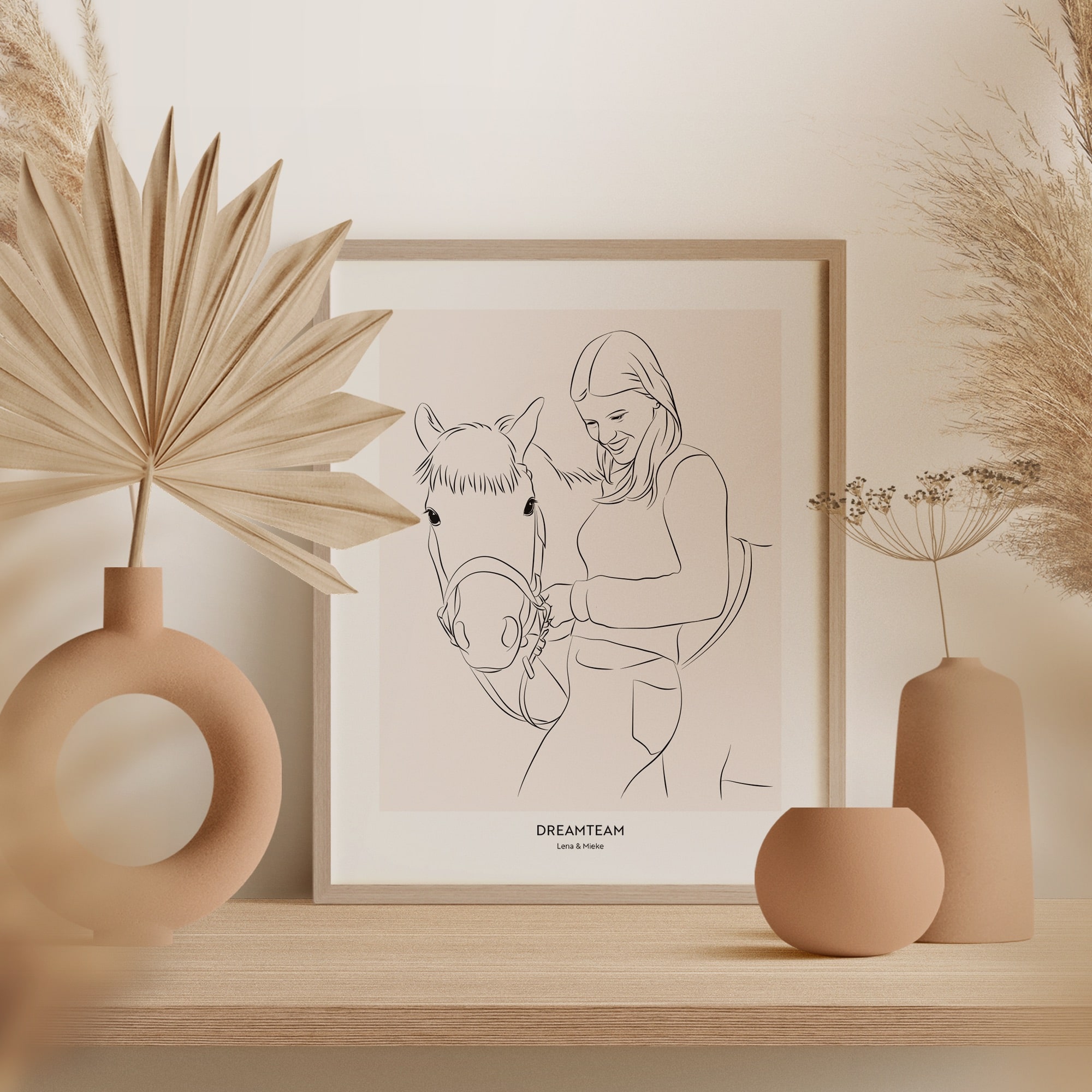 En Line Art-teckning av en häst bredvid en ung kvinna