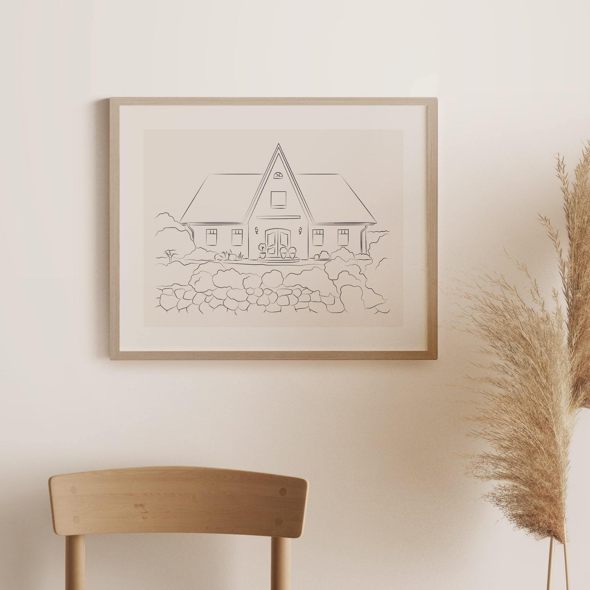 Husteckning med spetsigt tak i Line Art-stil