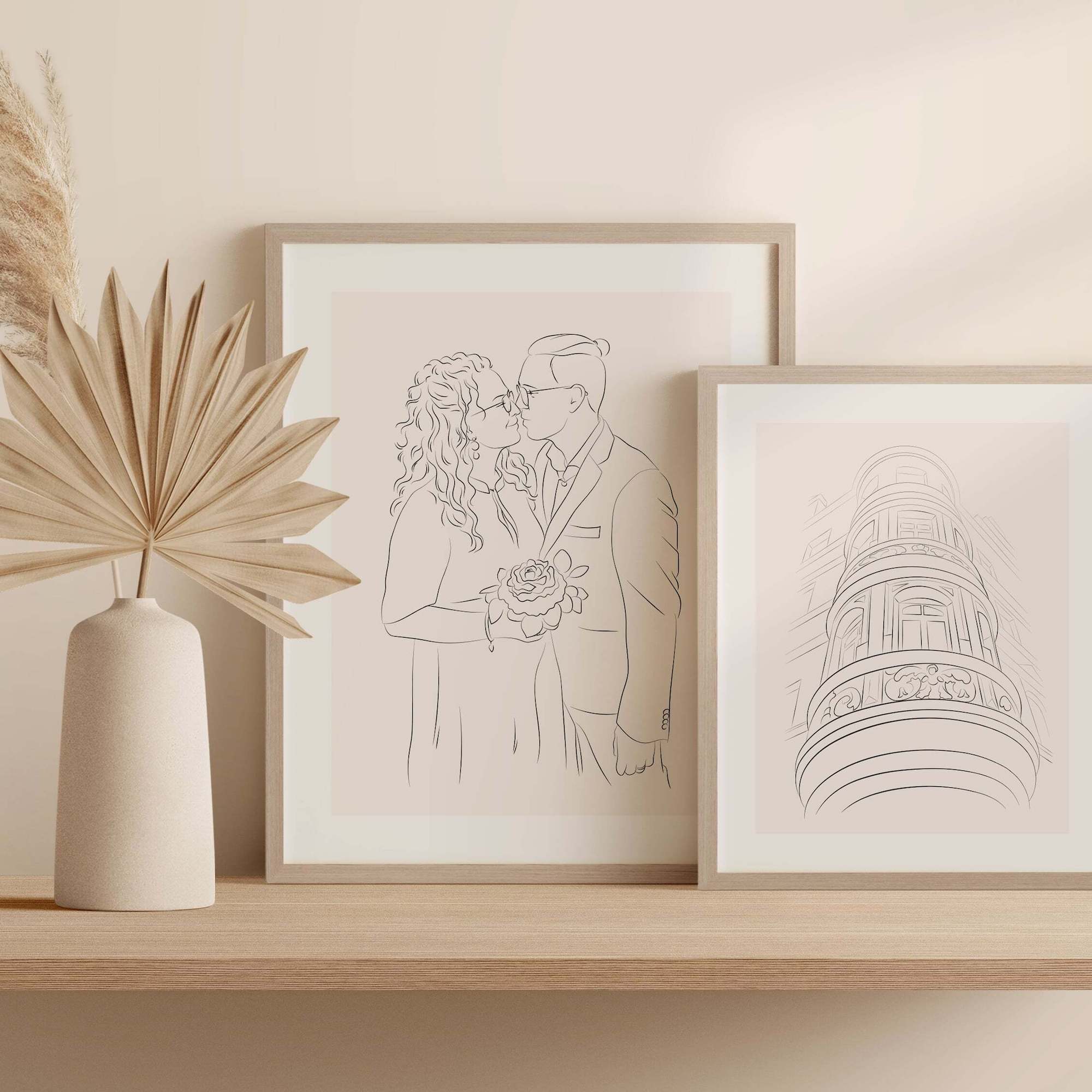 Teckning av en husfasad i Line Art-stil bredvid en illustration av ett par