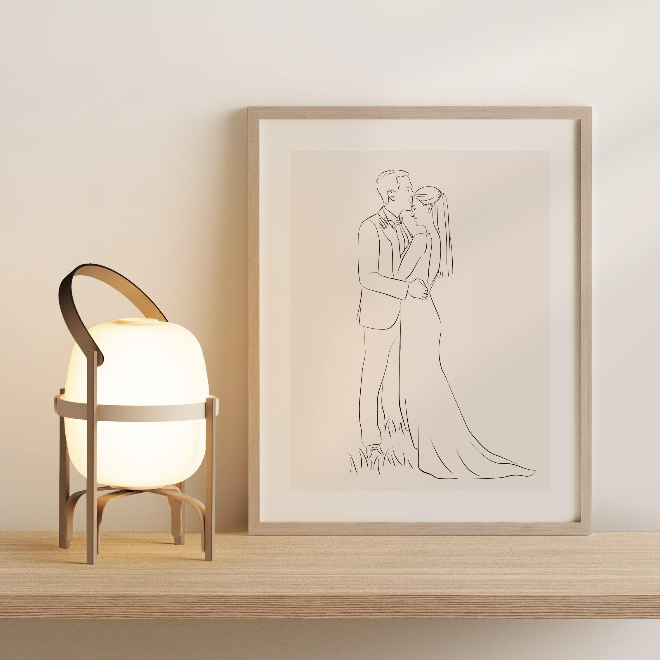 Line Art-illustration av ett bröllopsfoto i profilvy