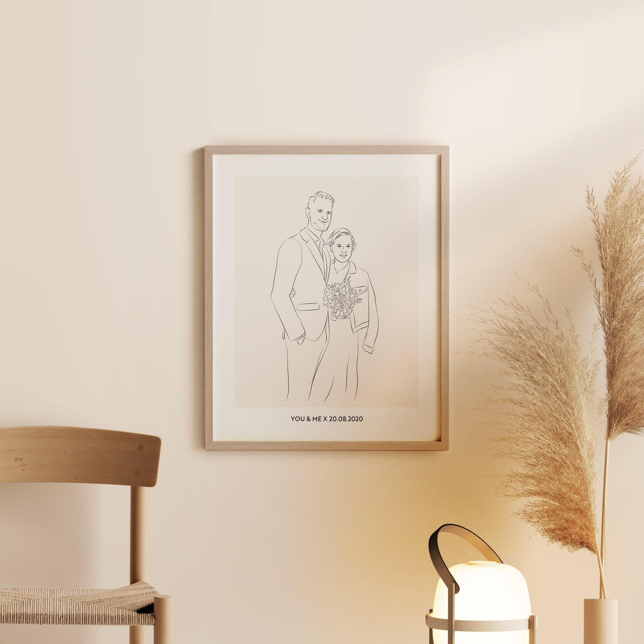 Line Art-illustration av ett brudpar med blombukett och bröllopsdatum som underskrift