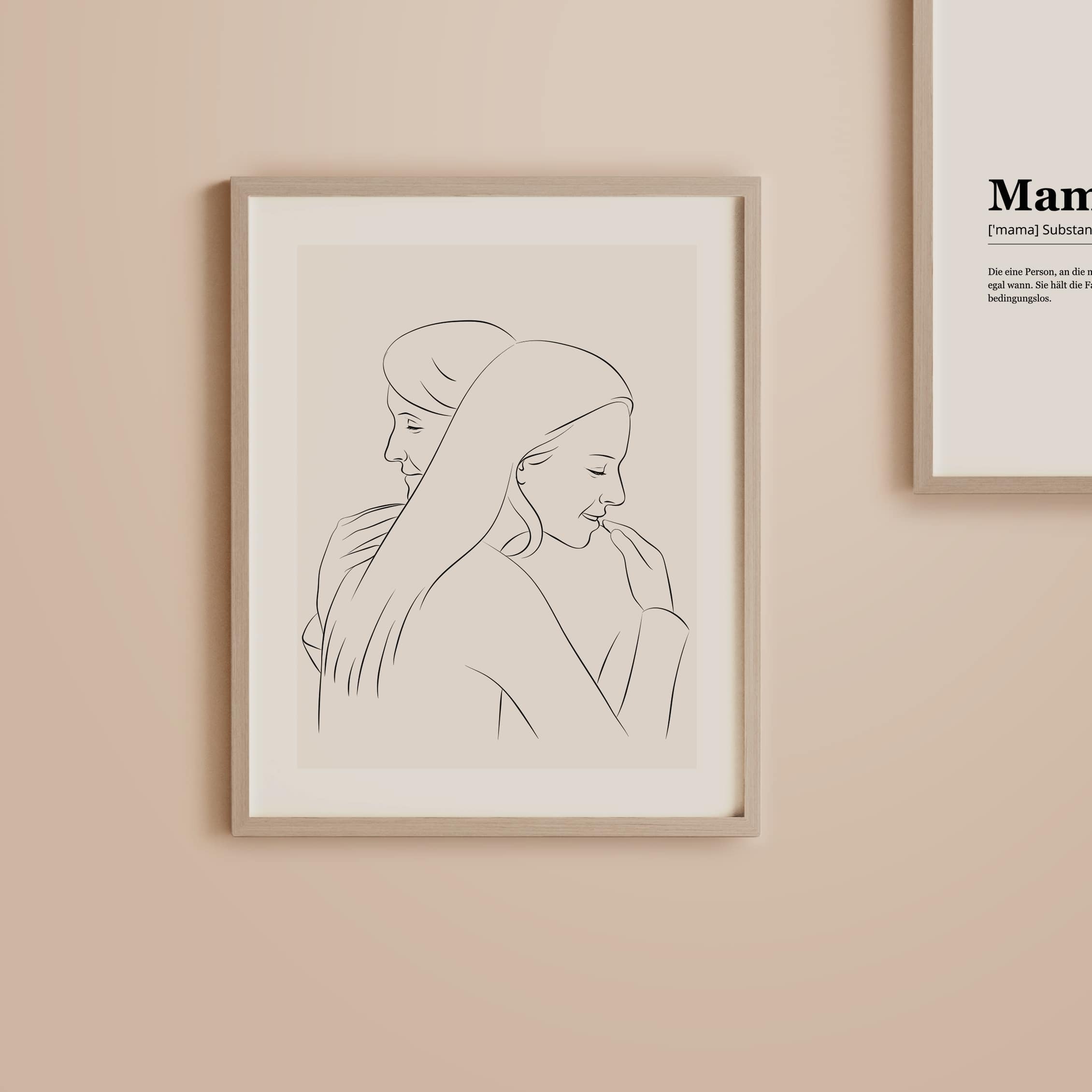 Mor som kramar sin dotter, illustrerad i Line Art-stil