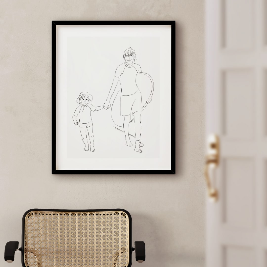 Son och far som surfar, illustrerat i Line Art-stil