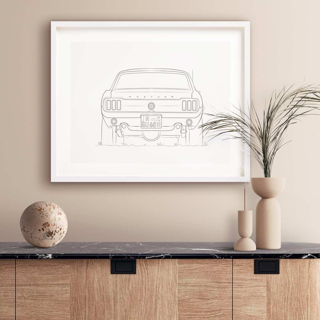 Baksidan av en Ford Mustang i Line Art-stil