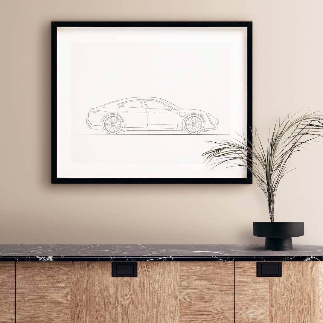 Line Art-teckning av en Porsche Taycan från sidan