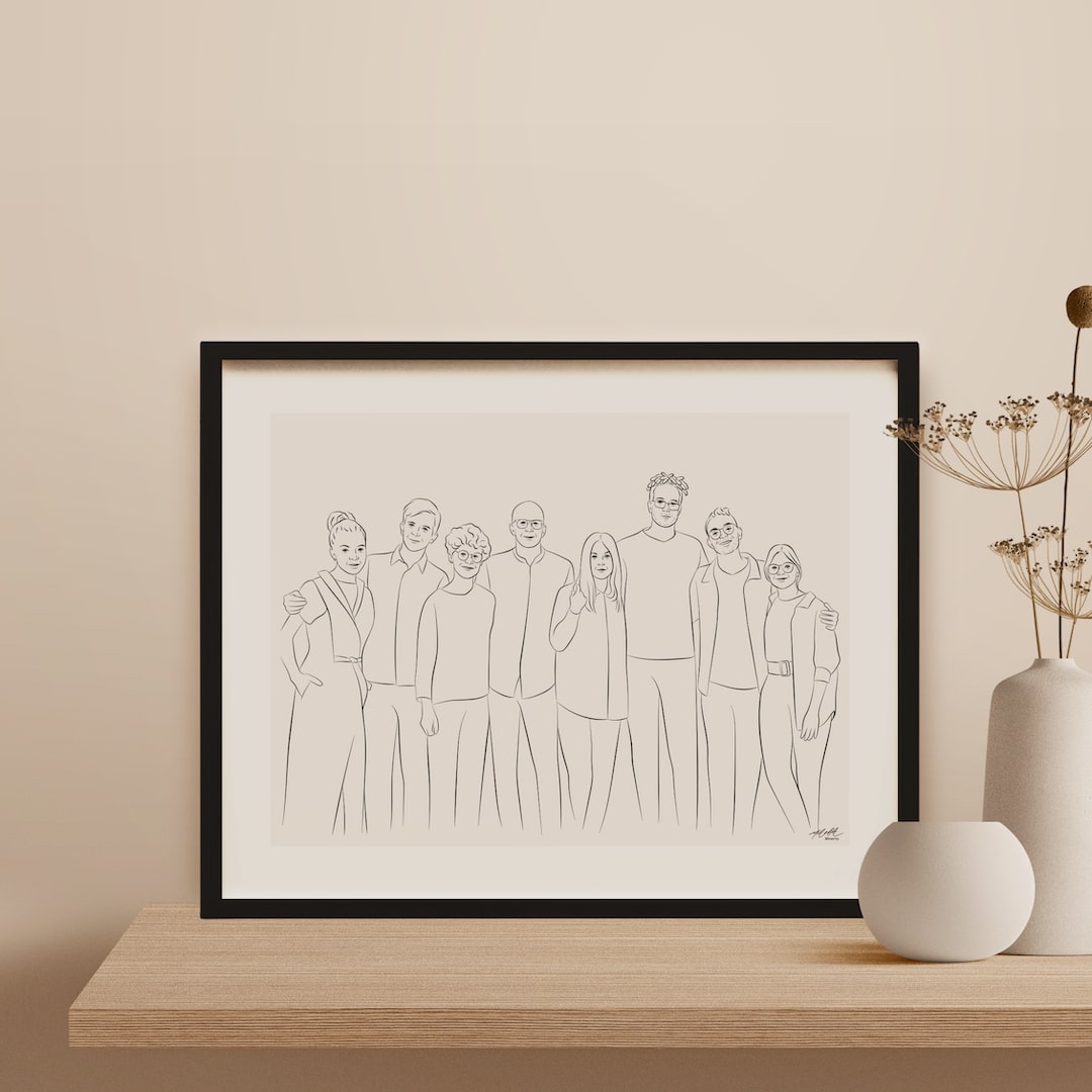 Line Art-porträtt av ett team med 8 anställda