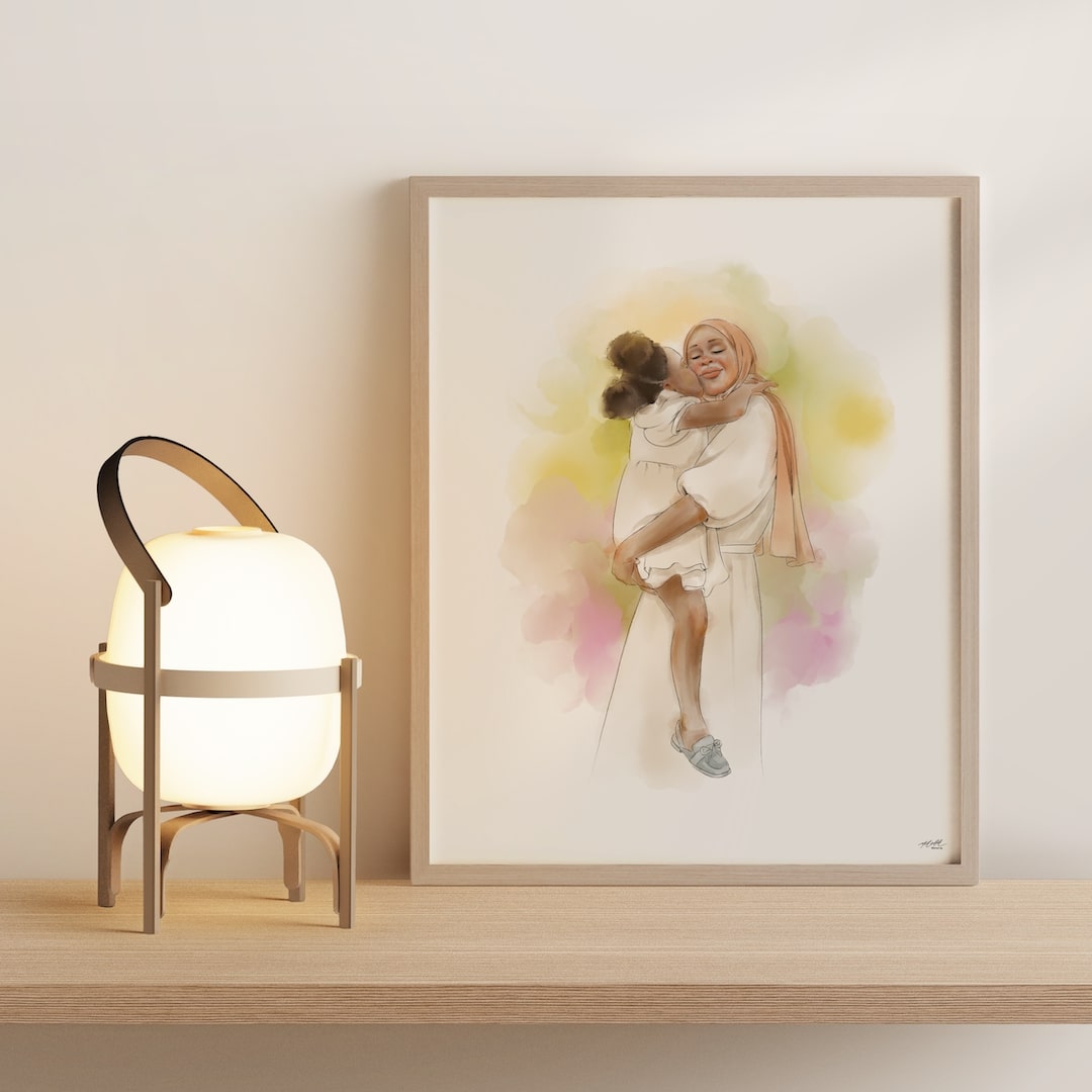 Mor med ung son och tulpaner, tecknade i Line Art-stil